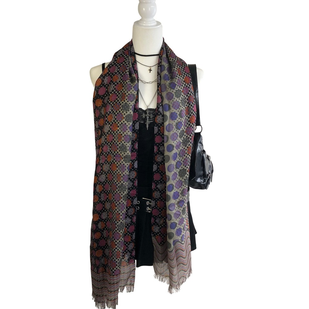 NEW Ahujasons 100% Pure Wool Scarf Polka Dot Geometric Fringe Sheer Multicolor